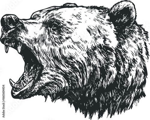 Grayscale graphic of a roaring grizzly bear head with mouth wide open