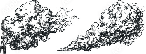 Vintage Style Black Ink Smoke Plumes Against White Background