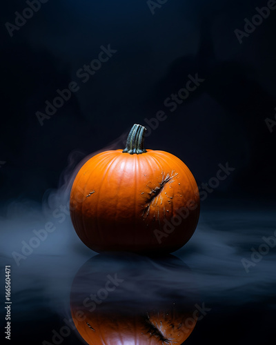 Mysterious orange pumpkin bathed in swirling white smoke, dramatically lit against a dark, reflective background, evoking an eerie autumn or Halloween atmosphere