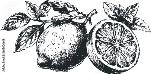 Fresh Ripe Lemon Half and Whole Fruit with Leaves