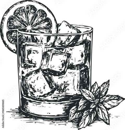 Hand-drawn sketch of iced cocktail with orange slice and mint leaf