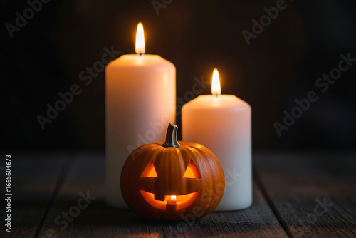 Jack-o'-lantern with candles for Halloween on wooden table