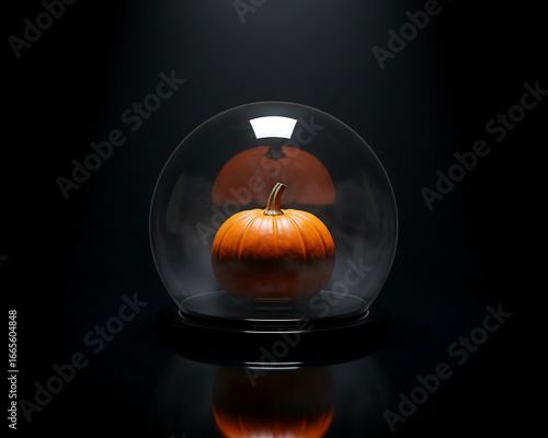 A single, ripe orange pumpkin is enclosed within a clear glass dome on a reflective black surface, with a dramatic spotlight creating a moody atmosphere