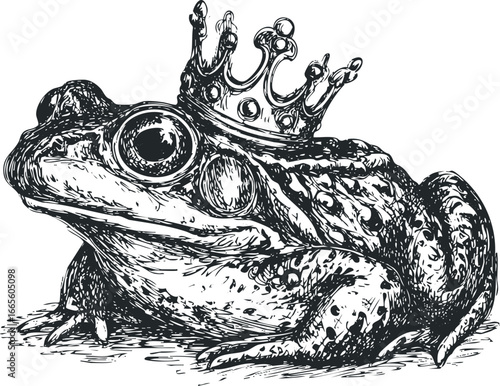 Ink drawing of a regal frog wearing an ornate crown