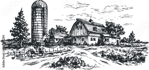 Rural farm scene with silo and barns, sketched with trees and fields