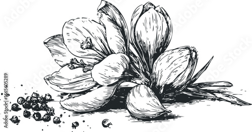 Hand-drawn sketch of crocus flowers and peppercorns