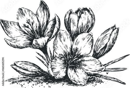 Detailed sketch of blooming crocuses with unopened buds on textured ground