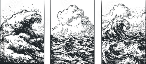 Vintage style triptych of dynamic crashing ocean waves and stormy sky