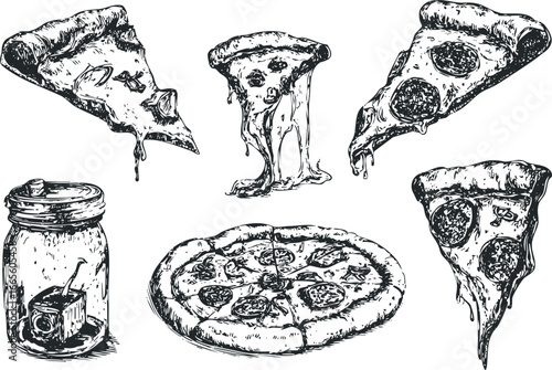 Hand-Drawn Pizza Slices and Pepperoni with Melty Cheese and Jar Beverage