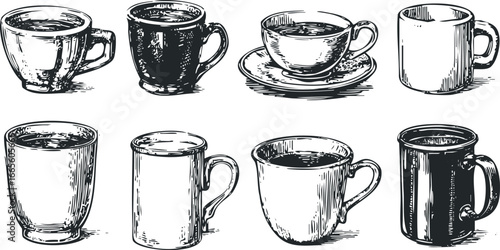 Collection of Hand Drawn Coffee Mugs and Cups with Beverages