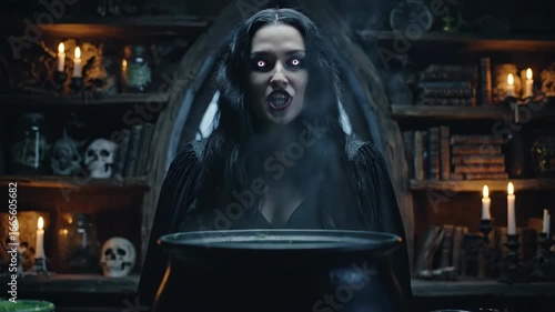 Witch brews potion, glowing eyes, in dimly lit, cluttered room
