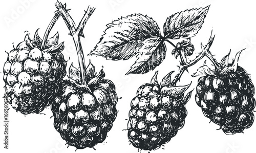 Sketch of ripe raspberries with leaves and stems
