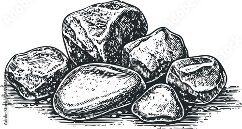 Group of Natural Stones with Textured Surface in Sketch Style