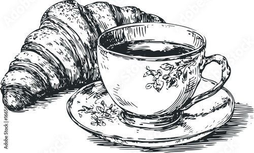 Ink sketch of a croissant and coffee cup on a saucer