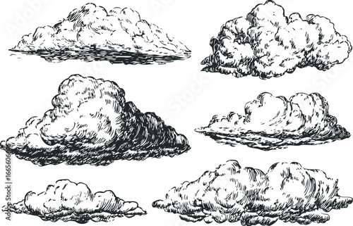 Collection of Black and White Cumulus Cloud Sketches