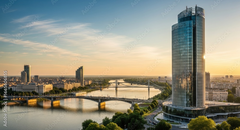 Naklejka premium Scenic panorama of Riga city at sunset with modern skyscraper view