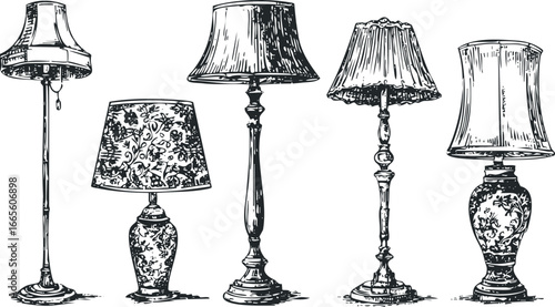 Collection of antique-style lamps depicted in a sketch