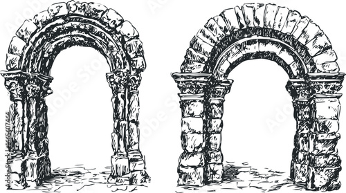 Ancient Stone Archway with Column Detail and Cobblestone Ground