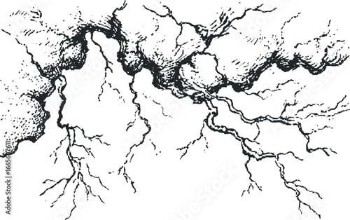 Abstract representation of a branching network resembling lightning strikes or a river delta