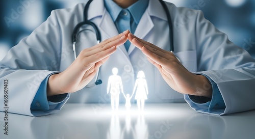 Doctor protecting glowing family figures healthcare