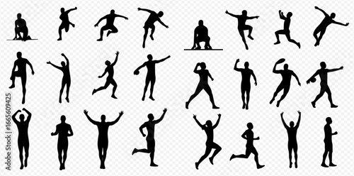 Dynamic black silhouettes of people performing various athletic movements, including running, jumping, throwing, and celebrating sports achievements.