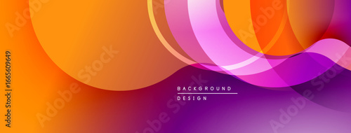 Abstract background features overlapping circles, vibrant gradients. Orange, purple hues create dynamic visual flow. Modern design element.