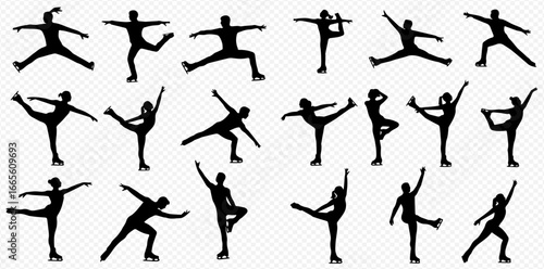 A collection of black silhouettes depicting various male and female ice skaters performing dynamic and graceful poses, illustrating the athleticism and artistry of the sport.