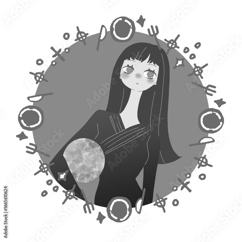 九星気学　七赤金星イメージ女性　モノクロ