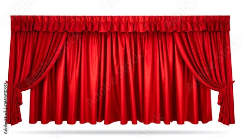 Rich, crimson stage curtains with a decorative ruffle border hang against a pure white background.