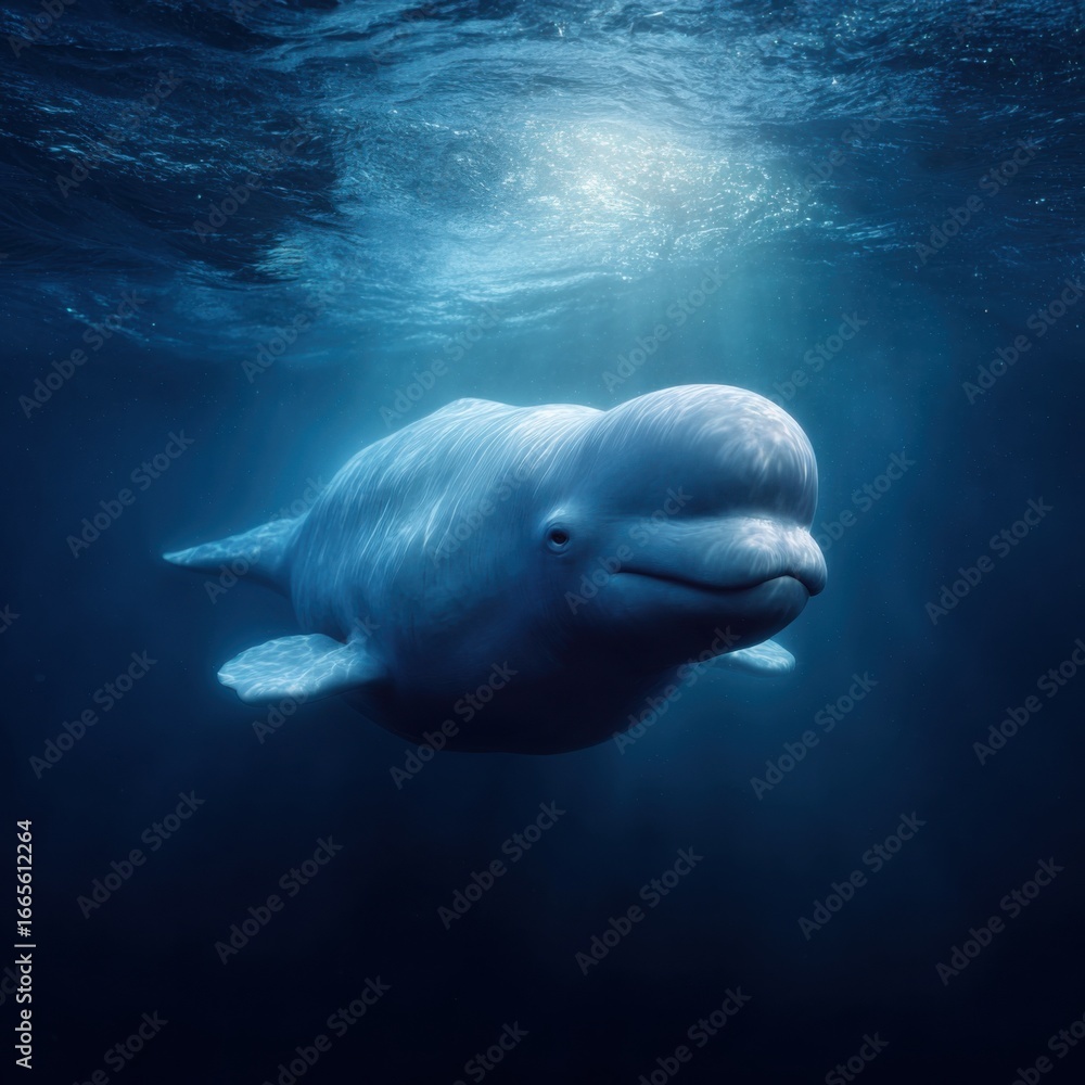 Fototapeta premium Cheerful Beluga Whale Swims In Moody Blue Water