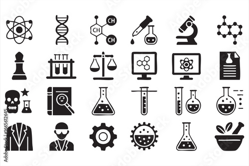 Chemistry and Biology Silhouette Icons – Microscope, DNA and Molecular Structures