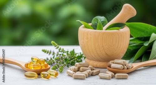 Wallpaper Mural Herbal medicine composition with mortar, pestle, capsules, and oil on white surface Torontodigital.ca