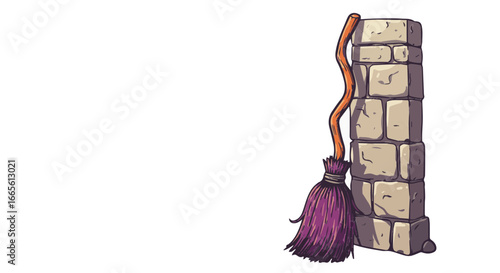 Halloween illustration of a witch's broom leaning against a stone wall for halloween themed graphic design use vector