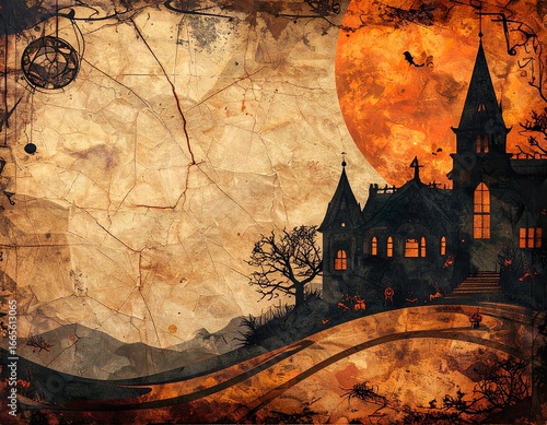 Antique Halloween spooky background with aged paper and gothic grunge texture