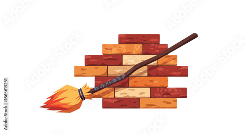 Halloween illustration of a broom leaning against a brick wall for cleaning and home maintenance projects with a rustic feel vector