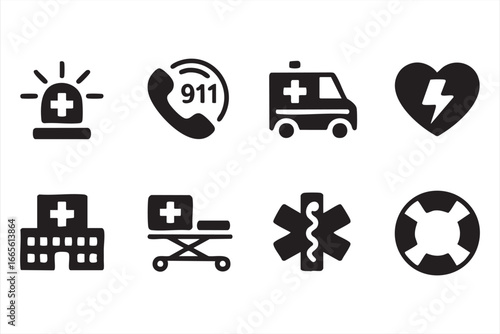 Urgent Medical Response Icons – Ambulance, 911 Call, Hospital and AED