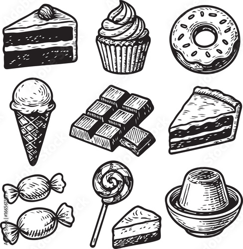 vintage hand-drawn set of sweets and desserts