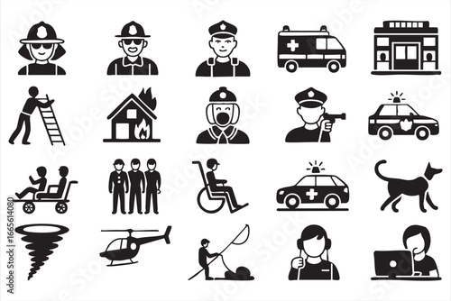 Silhouette Icons of Law Enforcement, First Responders and Emergency Situations