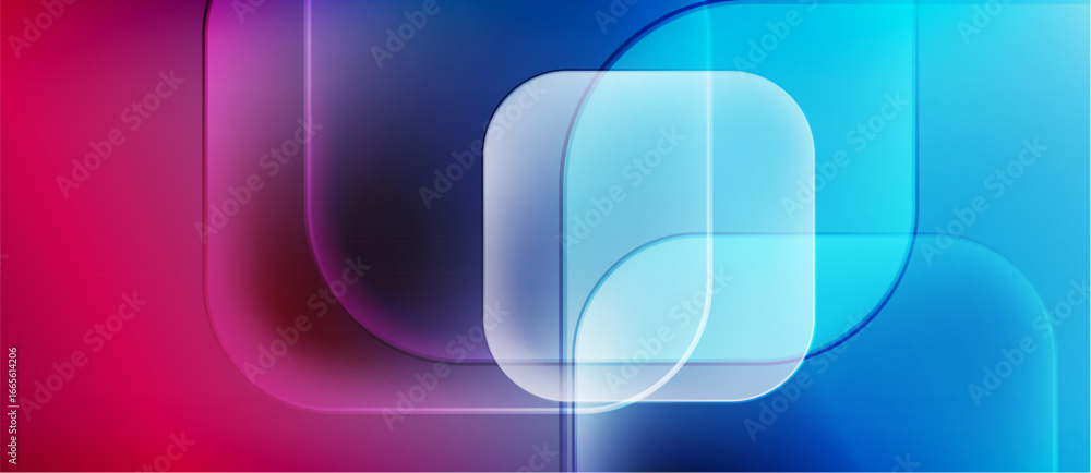 Fototapeta premium Abstract background features layered rounded squares. Gradient transitions from pink to blue create luminous effect. Modern design.