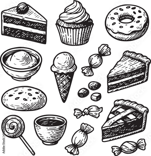 vintage hand-drawn set of sweets and desserts