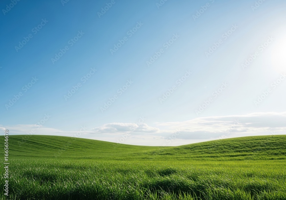 Fototapeta premium Scenic vast landscape with rolling green hills under a bright blue sky