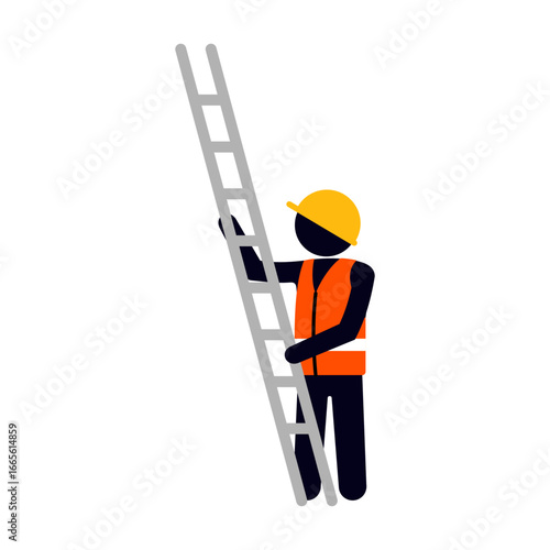 Flat vector illustration of a stick figure construction worker character hold the straight vertical ladder.