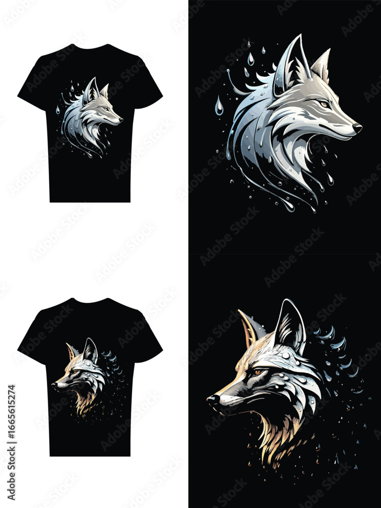 Obraz premium Stylish wolf head illustration with water droplet effect, detailed and modern design ideal for T-shirt prints, fashion, and graphic art.