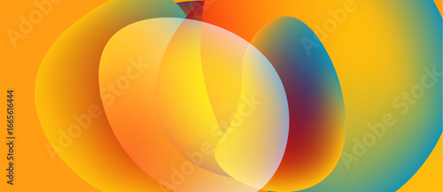 Abstract shapes overlap, creating vibrant color gradients. Warm tones blend into cool blues, forming dynamic composition. Smooth transitions dominate visual space.
