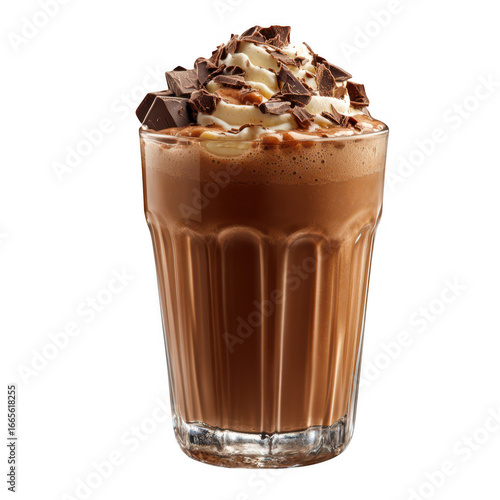 Delicious chocolate milkshake topped with whipped cream and chocolate chips isolated on transparent background