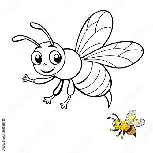 A fun bee-flying coloring page featuring a cute buzzing bee with wings spread wide, perfect for kids to enjoy creativity while learning about nature and insects.
