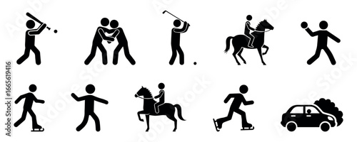 set of stickman silhouettes in sports and activity poses, depicting running, boxing, horse riding, and playing  vector