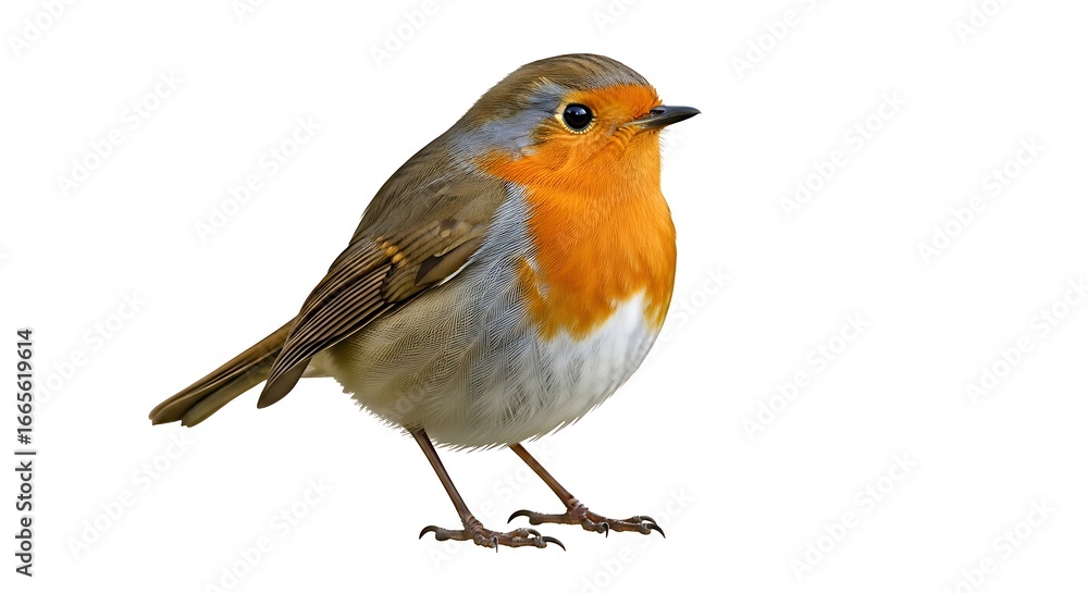 Fototapeta premium A charming european robin with its iconic red breast stands against a clean white background