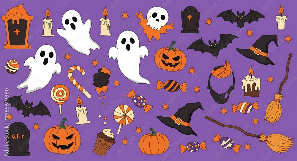 Fototapeta premium Whimsical Halloween Collection: A festive collection of illustrated Halloween elements on a captivating background. Embodying the spirit of the holiday.