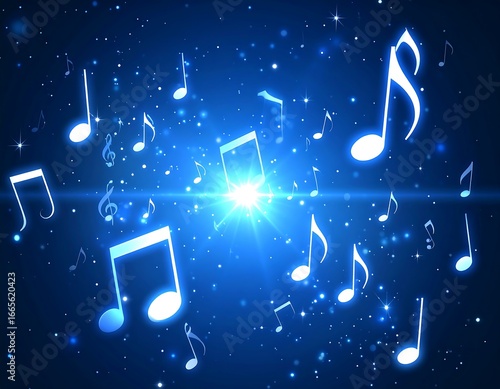 Glowing Music Notes with Cosmic Background.